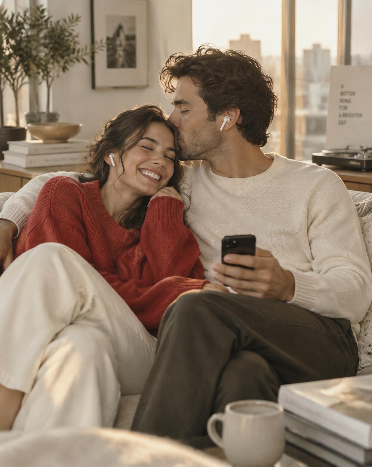 A young couple on a sofa sharing earbuds and listening to a personalized song gift